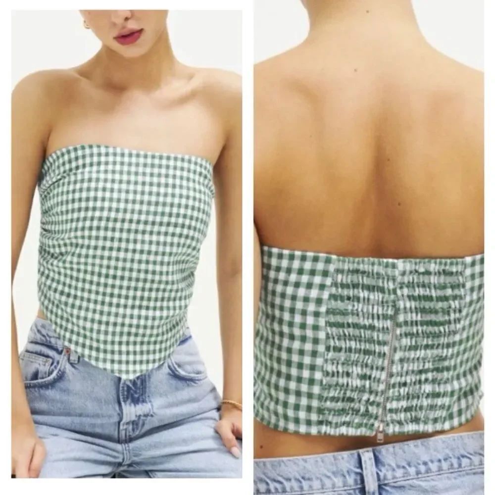 Reformation Dillon Linen Top in Gingham Palms 12 Handkerchief Tube Top NEW